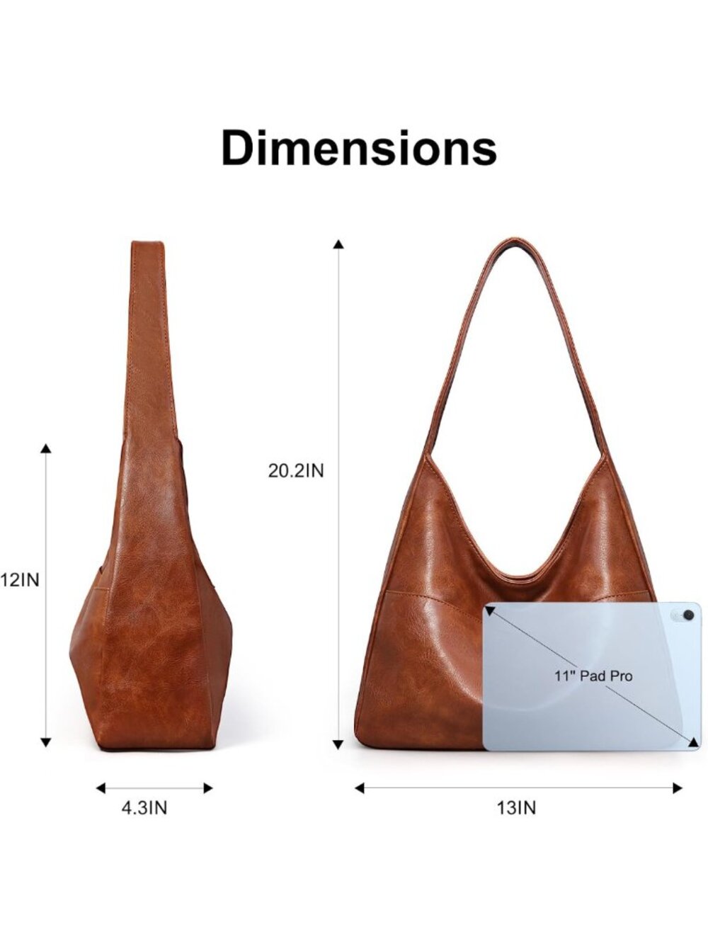 Stylish Leather Hobo Bag for Women | Soft Slouchy Tote, Fits 11" Tablet, Key - Picture 5 of 7
